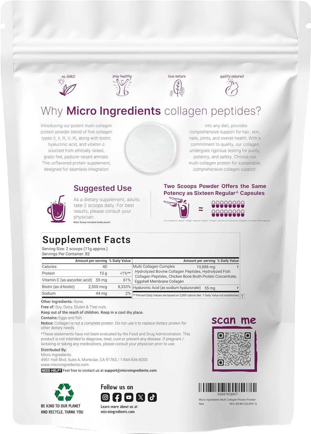 Micro Ingredients Multi Collagen Protein Powder, 2 lbs - Type I, II, III, V, X with Biotin, Hyaluronic Acid, Vitamin C.